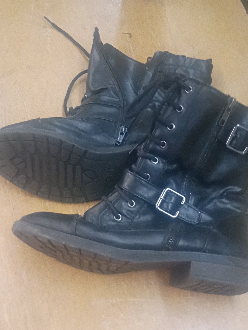 Black Lace-Up Buckle Combat Boots for Women